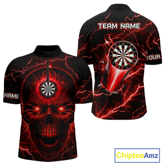 Personalized Red Darts Skull Shirt For Men Custom Polo & 1/4 Zip Lightning Thunder Darts Jersey TDM4621