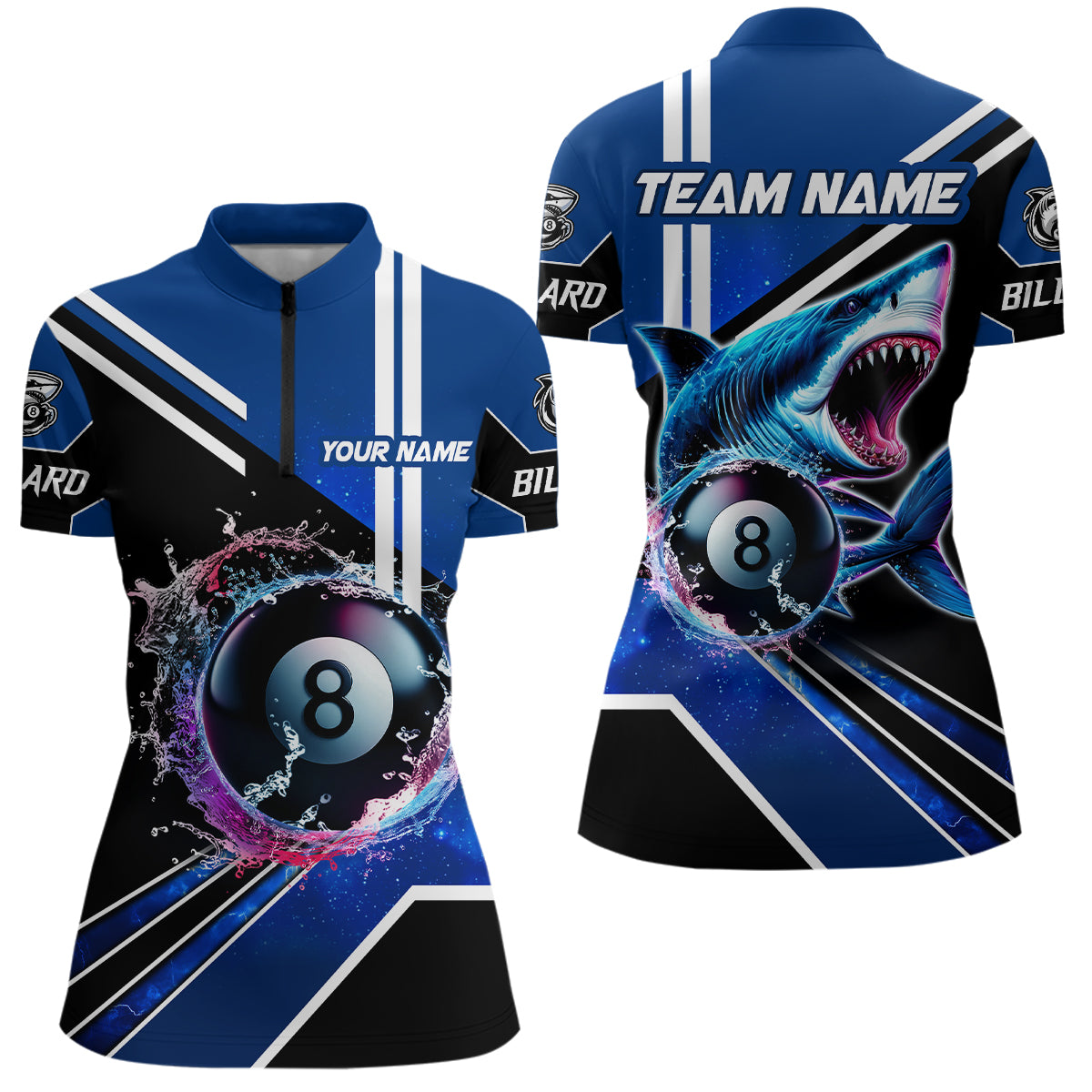 Blue 8 Ball Pool Billiard Shark Polo & Quarter Zip Women Billiard Shirt Custom Shark Billiard Jersey TDM3272