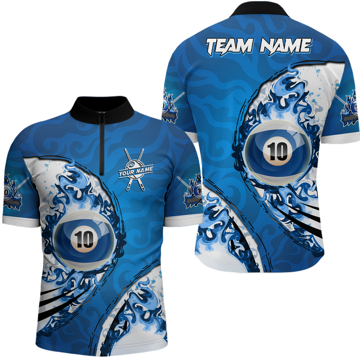 Blue Flaming 10 Ball Billiards Men Quarter-Zip Shirts, Custom 10 Balls Pool Player Shirts TDM0957