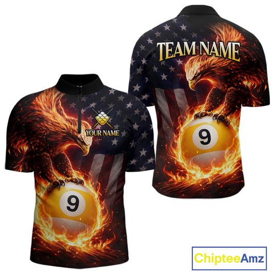 American Flag Flame 9 Ball Eagle Billiard Shirt For Men Custom Pool Team Shirt, Billiard Jersey TDM5788