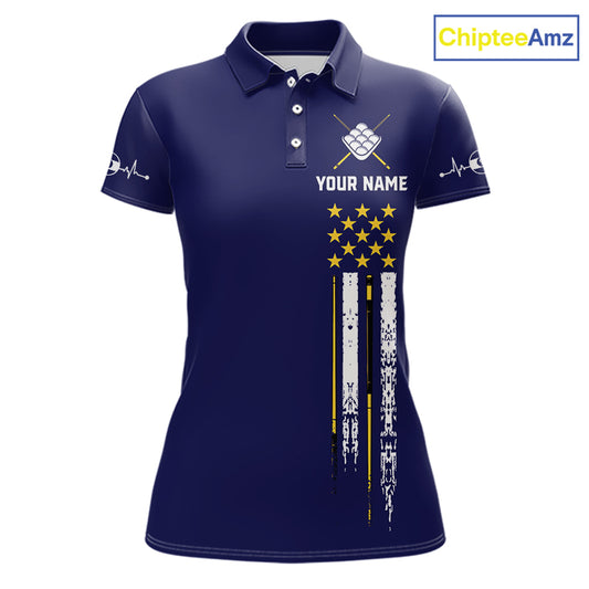 Customized Navy Blue American Flag Billiard Shirt For Women, 9 Ball Pool Team Jersey Polo & 1/4 Zip TDM6587