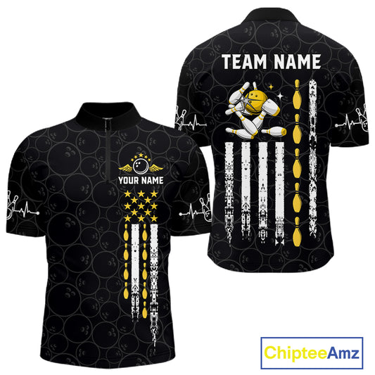American Flag Black Bowling Shirts For Men Custom Patriotic Bowling Team Jersey Polo & 1/4 Zip TDM6588