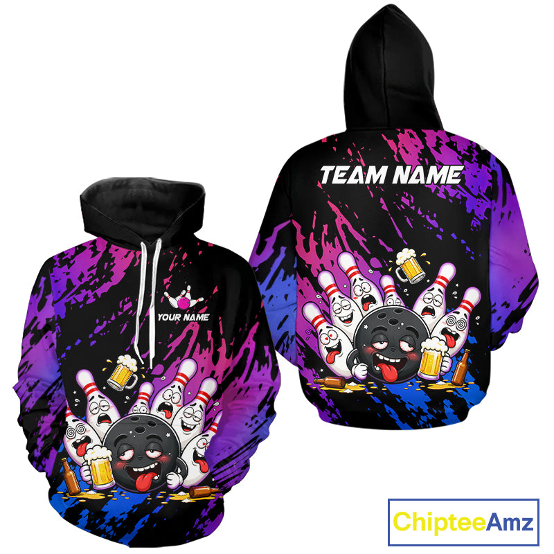 Custom Blue Purple Drunk Bowling Pins Funny Hoodie Bowling Shirts, Beer Bowling Team Jersey TDM6596