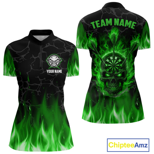 Fire Flame Skull Darts Polo & Quarter Zip Custom Darts Shirts For Women, Darts Team Jersey|Green TDM5321