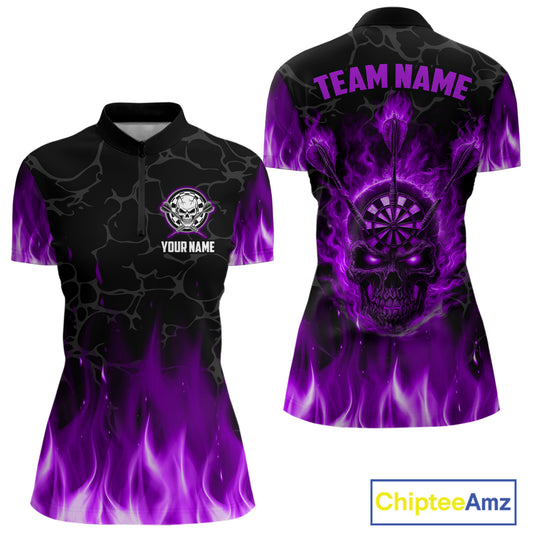 Fire Flame Skull Darts Polo & Quarter Zip Custom Darts Shirts For Women, Darts Team Jersey|Purple TDM5322