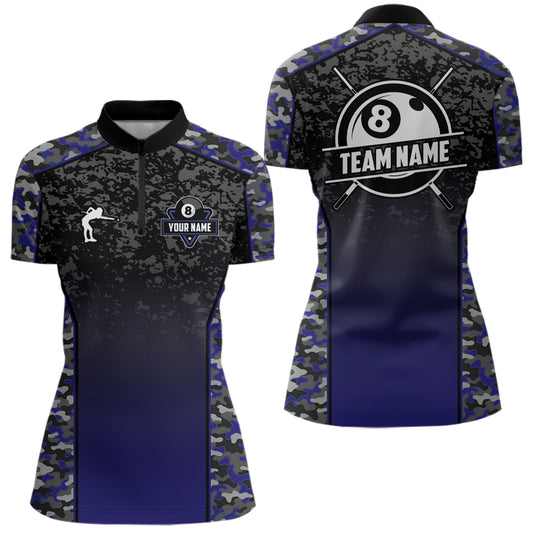 Navy Blue Camo 8 Ball Billiard Shirt For Women Custom Pool Team Shirt, Billiard Jersey Polo & 1/4 Zip TDM5580