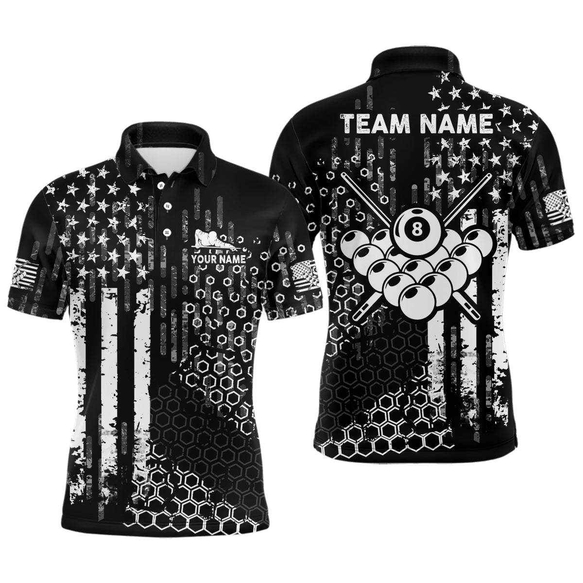 Billiard American Flag Vintage Grunge Personalized Name Full Printing Polo Shirts For Men TDM0225