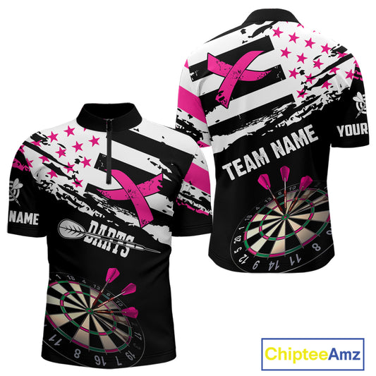 Personalized US Flag Pink Ribbon Darts Shirt For Men Custom Breast Cancer Awareness Darts Jersey TDM4493
