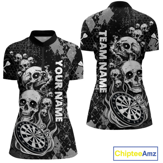 Black Grey Grunge Argyle Skull Dart Shirts Custom Women's Dart Jerseys Team Polo & Quarter Zip TDM3836