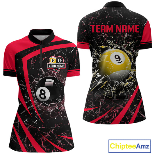 Black And Red 8 Ball & 9 Ball Glass Break Billiard Shirt For Women Custom Pool Team Jersey Uniform TDM5642