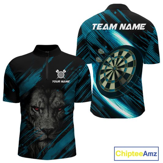 Personalized Cyan & Black Lion Darts Shirt For Men Custom Light Dartboard Jersey Polo & 1/4 Zip TDM4335