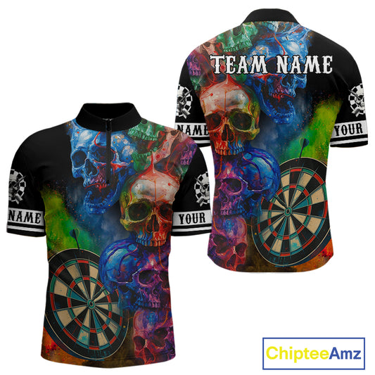 Funny Colorful Skull Darts Shirt For Men Custom Darts Team Jersey Polo & 1/4 Zip, Darts Outfit TDM4378