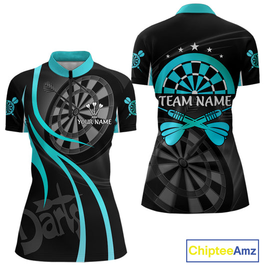 Black And Cyan Darts Jersey For Women Custom Team Polo & Quarter Zip Darts Shirt Uniform TDM4489