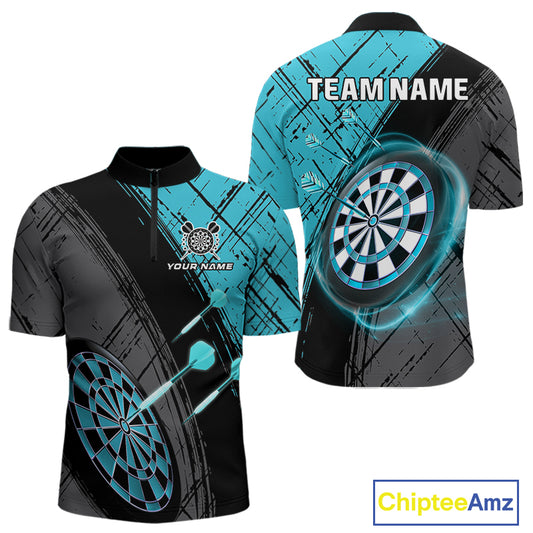 Grunge Cyan Black Dartboard Light Men Darts Polo & 1/4 Zip Custom Dart Shirt For Team Dart Jersey TDM4127
