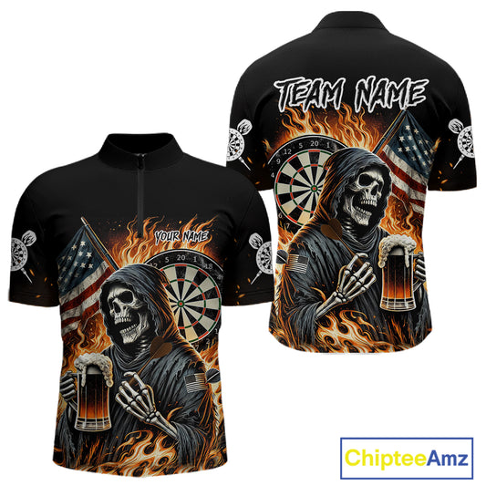 Flaming Grim Reaper Beer Darts Shirt Custom US Flag Darts Polo & Quarter Zip Jerseys For Women TDM4526