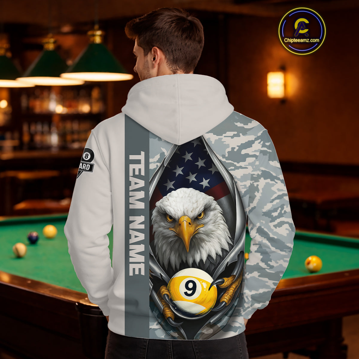 Grey Camo American Flag Eagle 8 Ball & 9 Ball Pool Hoodie Custom Billiard Team Hoodie Shirt TDM4661