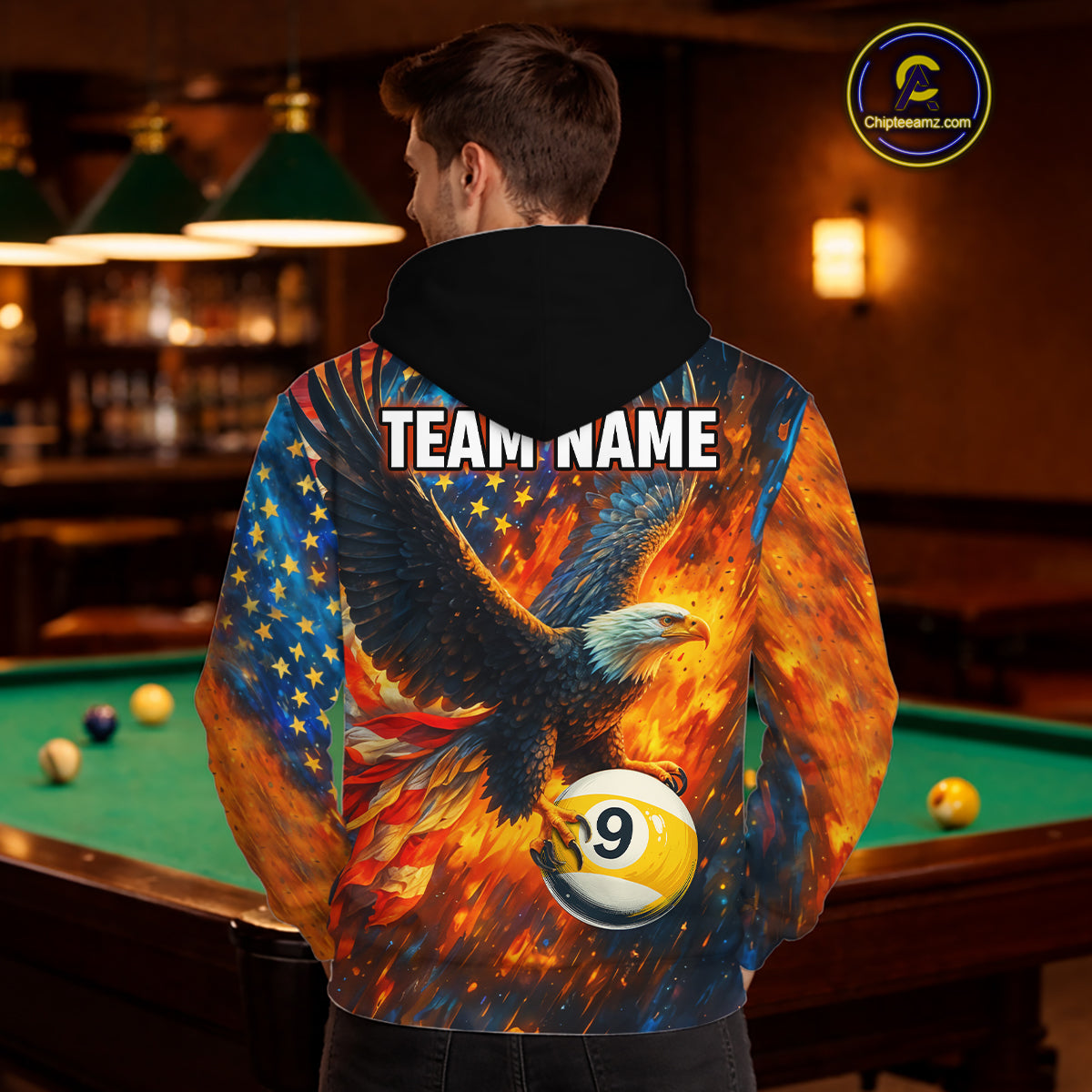Personalized Orange Flaming US Flag 8 Ball & 9 Ball Billiard Hoodie Custom Eagle Pool Team Shirt TDM4259