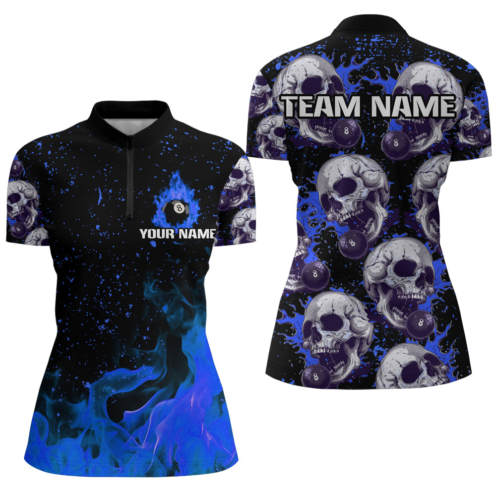 Customized Blue Billiard Skull Fire 8 Ball Women Polo & Quarter-Zip Shirts, Grunge Pool Team Jerseys TDM1747