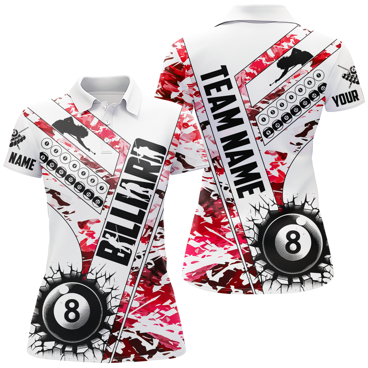 Cracky Billiard 8 Ball Pool With Camo Women Polo Shirts Custom Team League Billiard Shirts| Red TDM0951