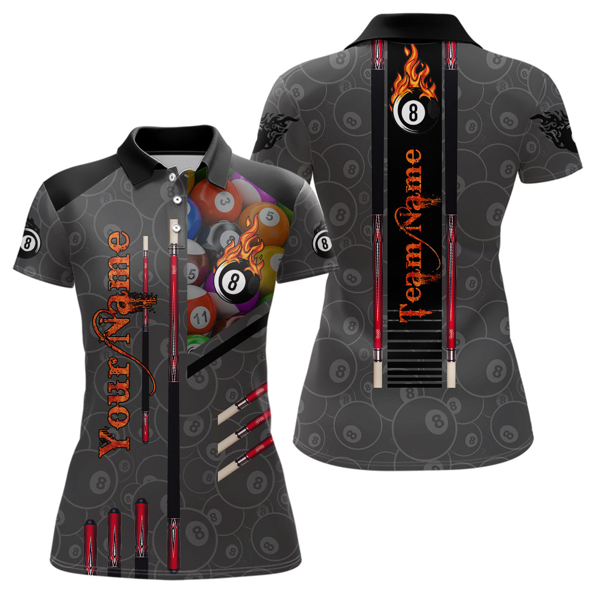 Personalized Billiard Cue 8 Ball Fire 3D Printed Polo Shirts For Women Custom Billiard Lover Gifts TDM0253
