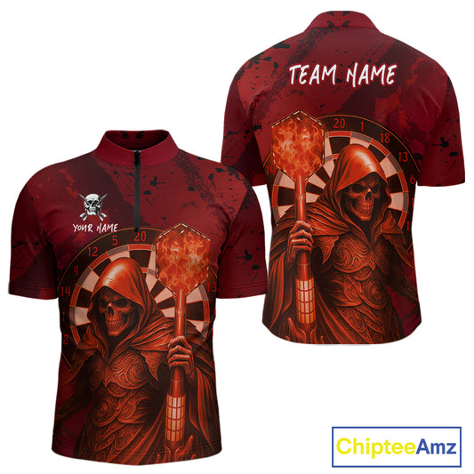 Personalized Red Grunge Grim Reaper Darts Shirt For Men Custom 3D Dart Team Jersey Polo & 1/4 Zip TDM4744