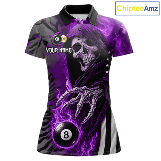Customized Purple Flame Grim Reaper US Flag 8 Ball 9 Ball Billiard Shirt For Women, Pool Team Jersey TDM7832