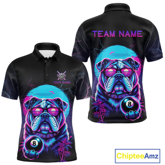 Funny Bulldog Billiard Jersey Polo & 1/4 Zip Custom Retro Neon 8 Ball Pool Team Shirt For Men TDM7517