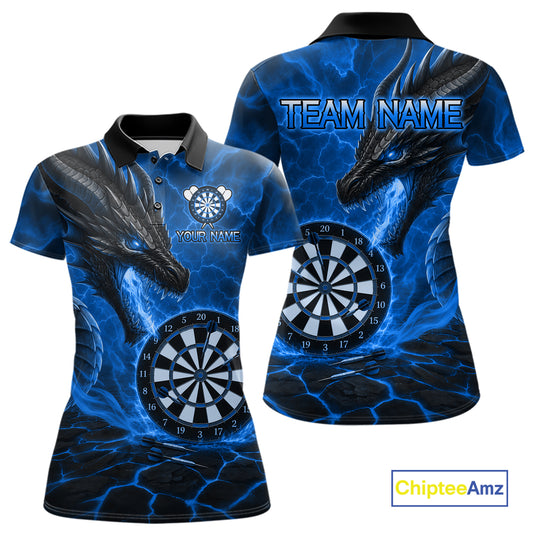 Personalized Dragon Darts Shirts Custom Fire Flame Blue Darts Team Jersey Polo & 1/4 Zip For Women TDM7553