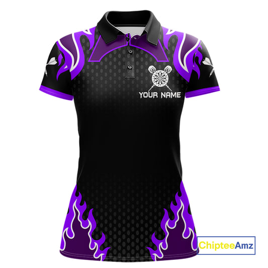 Black And Purple Flaming Darts Jersey Polo & Quarter Zip Custom Darts Team Shirt For Women TDM6147