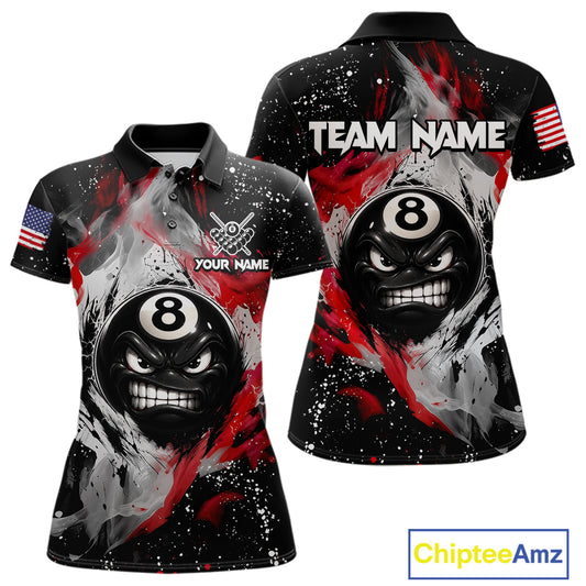 Black polo shirt with 8-ball design and custom name, featuring American
