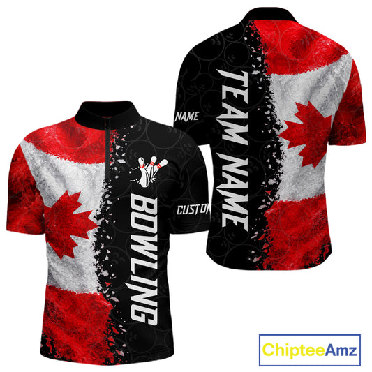 Custom Canada Flag Bowling Shirt, Patriotic Bowling Team Jersey Polo & Quarter Zip For Men TDM7359