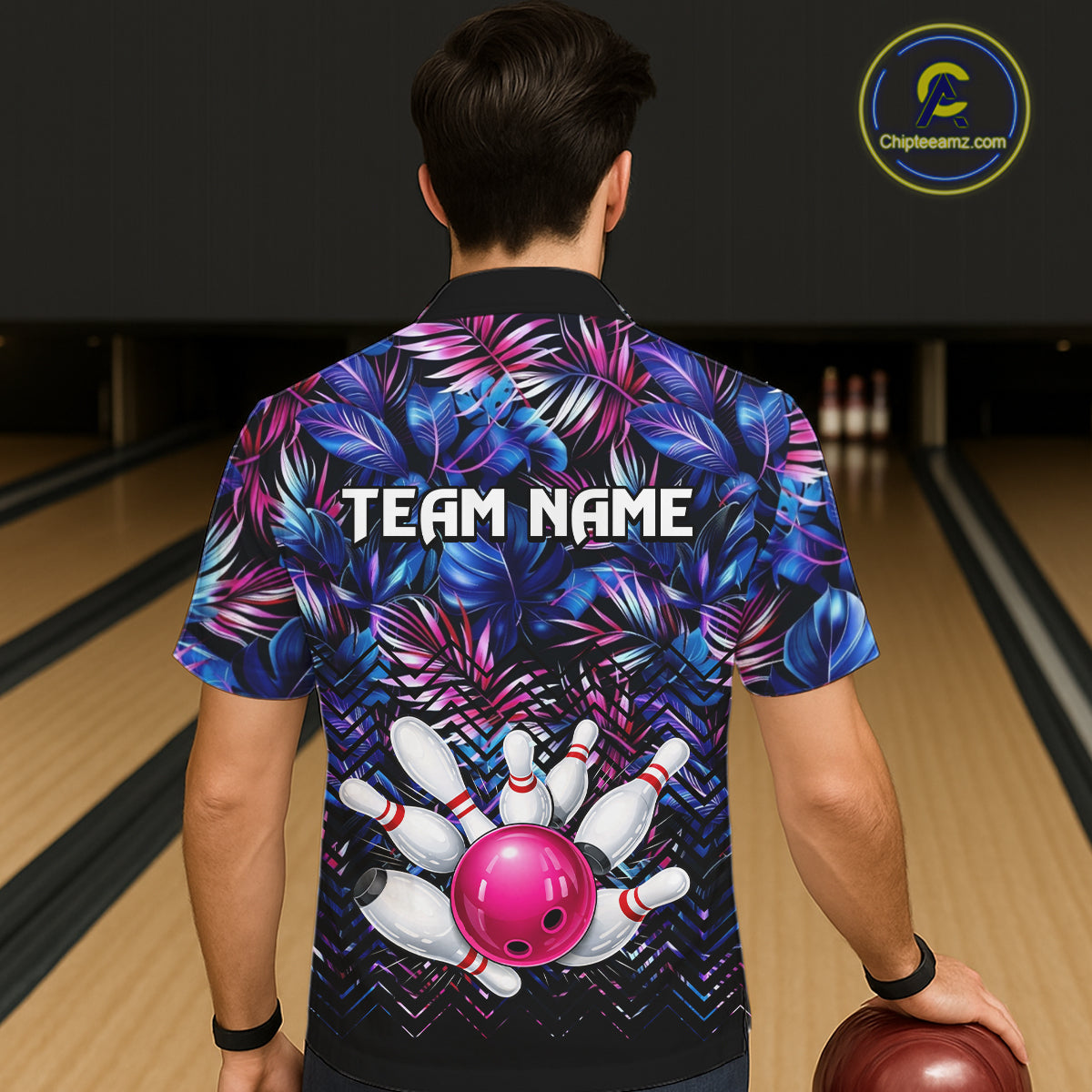 Blue And Pink Tropical Floral Bowling Hawaiian Shirt For Men Women Custom Bowling Team Jersey TDM6222