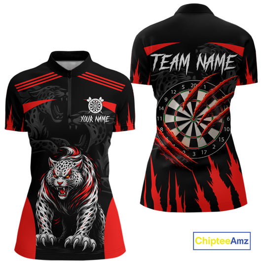 Black And Red Custom Leopard Darts Shirt For Women, Darts Team Jersey Polo & Quarter Zip TDM5625