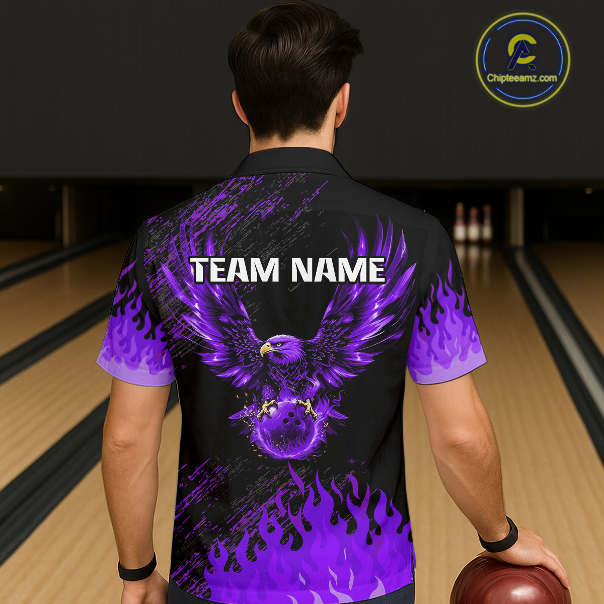 Black And Purple Flame Eagle Bowling Hawaiian Shirt For Men Women Custom Bowling League Team Jersey TDM8078