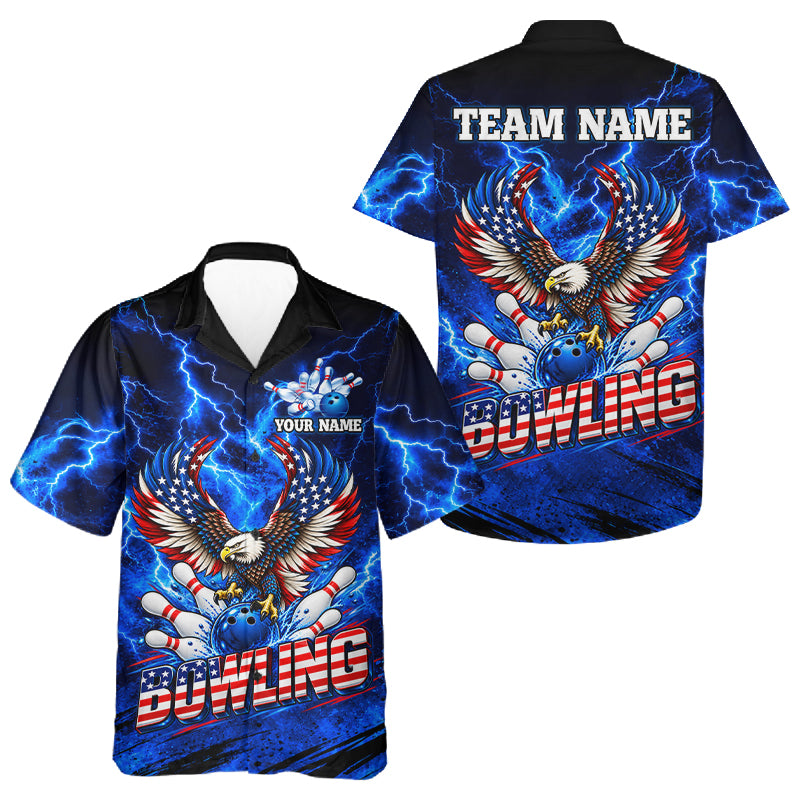 Custom Blue Lightning US Flag Eagle Bowling Hawaiian Shirts For Men Women, Patriotic Bowling Team Jersey TDM7471