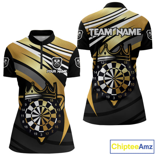 Black And Gold Dartboard Crown Darts Shirt For Women Custom Darts Sport Jersey Team Polo & 1/4 Zip TDM4793