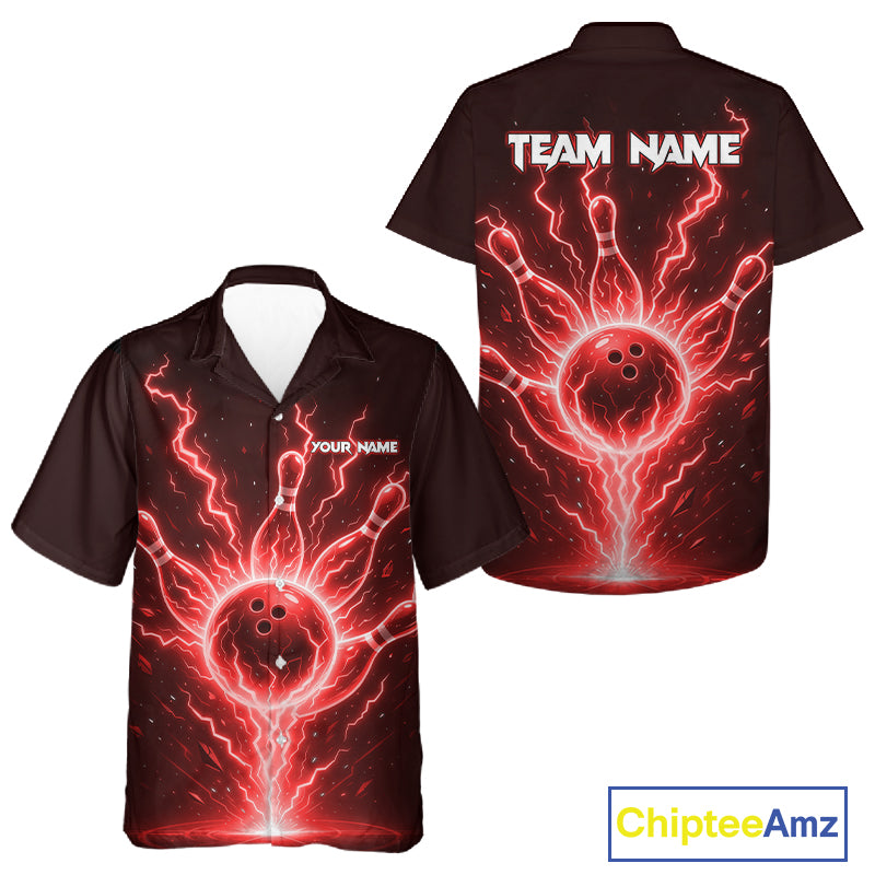 Red Lightning Thunder Bowling Hawaiian Shirts For Men Women Custom Team Bowling League Jersey TDM7531