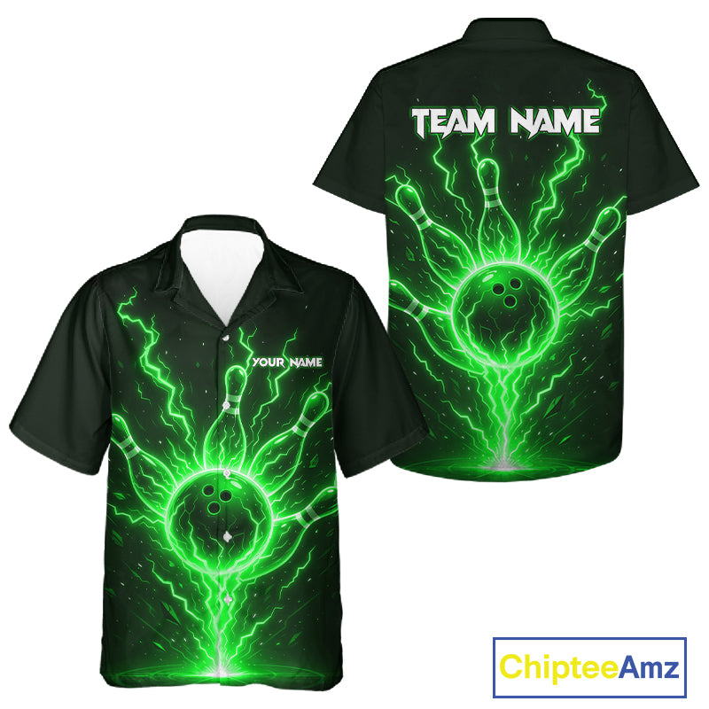 Green Lightning Thunder Bowling Hawaiian Shirts For Men Women Custom Team Bowling League Jersey TDM7532