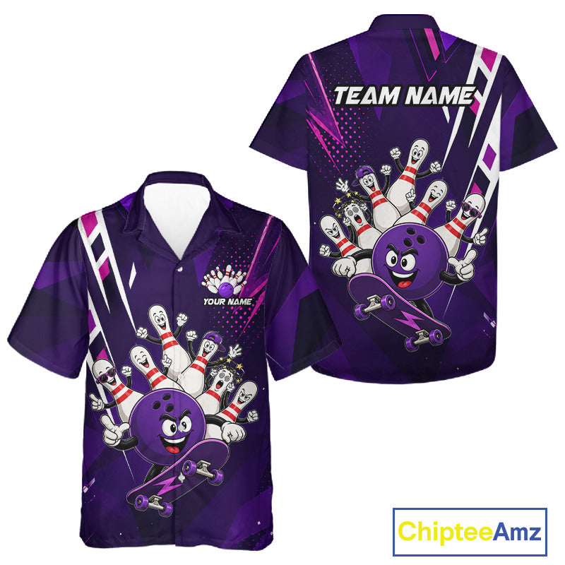 Personalized purple funny skateboarding bowling ball Hawaiian shirt featuring a playful skateboarding bowling ball design, premium custom bowling team shirt.