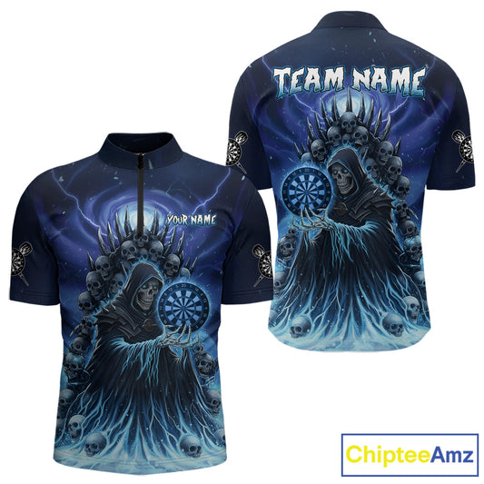 Personalized Blue Grim Reaper Darts Jersey For Men Custom Skull Dart Team Polo & Quarter Zip Shirt TDM5058