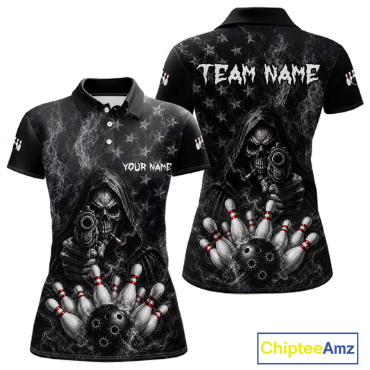 Funny Grim Reaper Smoke American Flag Bowling Shirts For Women Custom Black Bowling Team Jersey TDM7357