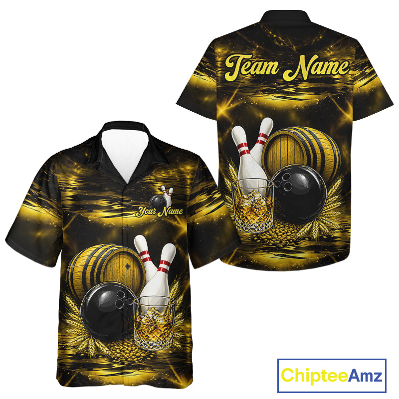 Personalized Yellow Vintage Bourbon Bowling Hawaiian Shirt For Men Women, Bowling Button Up Team Shirt TDM7700