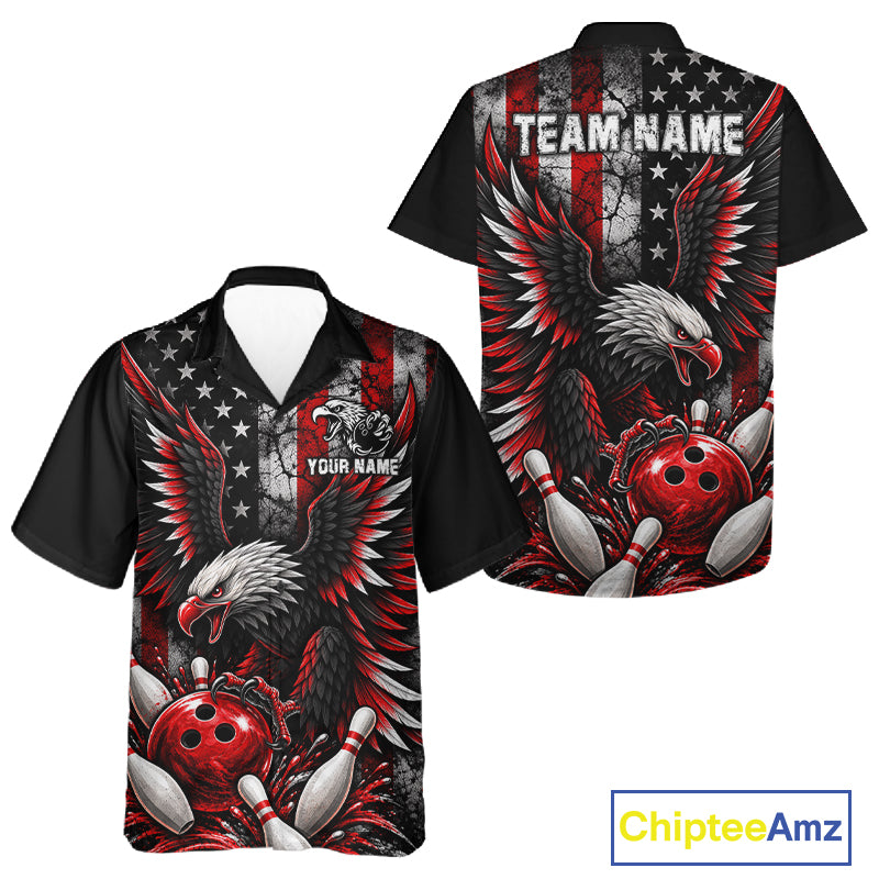 Custom Red Grunge American Flag Eagle Patriotic Bowling Hawaiian Shirt, Retro Bowling Team Jersey TDM7748