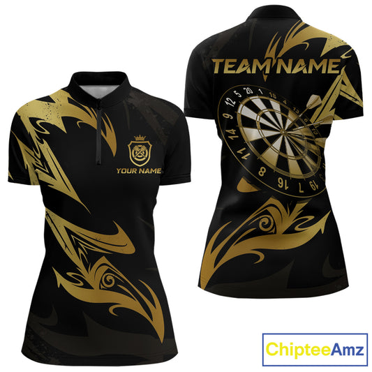 Black And Gold Dartboard Tribal Darts Polo & 1/4 Zip Custom Darts Shirt For Women, Darts Team Jersey TDM5366