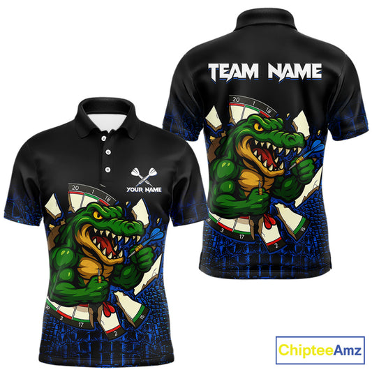 Custom Black and Blue Funny Alligator Darts Polo Shirt for Men Designed for Personalized Darts Team Jerseys with Premium Athletic Performance and Creative Character Graphics