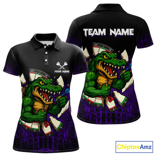 Custom Black and Purple Funny Alligator Darts Polo Shirt for Women Designed for Personalized Darts Team Jerseys with Premium Athletic Performance and Fun Character Artwork