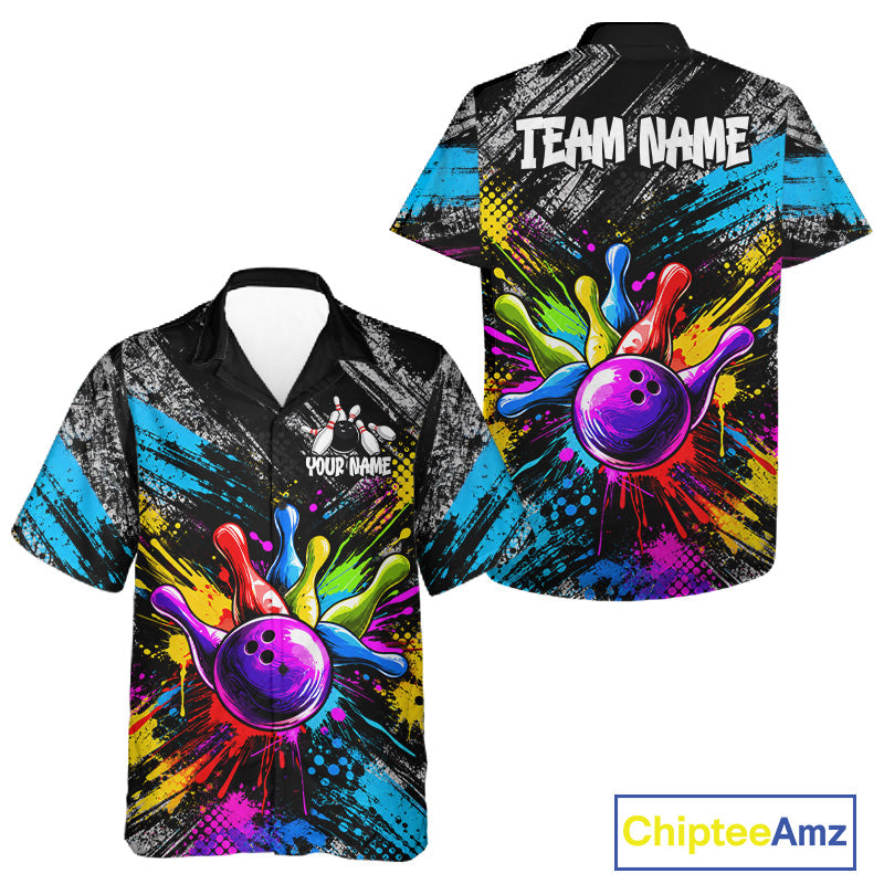 Colorful Paint Splatter Bowling Hawaiian Shirt For Men Women Custom Bowling Button Up Shirt Team Jersey TDM8112