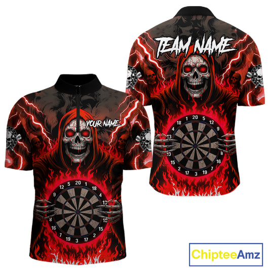 Red Grim Reaper Thunder Lightning Mens Dart Shirts Custom Flame Dart Jerseys Team Polo & 1/4 Zip TDM5175