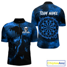 Load image into Gallery viewer, Black And Blue Grunge Skull Butterflies Darts Shirt For Men Custom Dart Jersey Team Polo & 1/4 Zip TDM4993