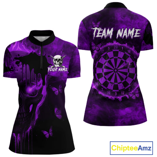 Black And Purple Grunge Skull Butterflies Darts Shirt For Women Custom Dart Jersey Polo & 1/4 Zip TDM4994